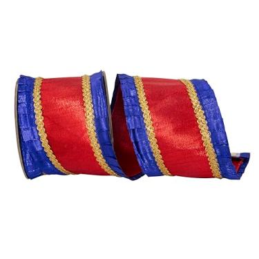 Imagem de Reliant Ribbon Fita de borda com fio Dupioni metálica de luxo com sobreposição plissada, azul-royal/vermelho