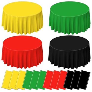 Imagem de PIXHOTUL 12 peças de toalhas de mesa de plástico vermelho, verde amarelo, toalha de mesa redonda descartável para decorações de mesa de história negra do mês de junho, 213 x 213 cm