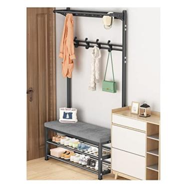 Imagem de TDFXZCSW Arara de roupas robusto, banco de sapatos, cabide, cabide de casaco, cabide vintage, cabide de entrada 3 em 1, com ganchos, almofada de assento, sapateira e almofada de pé antiderrapante,