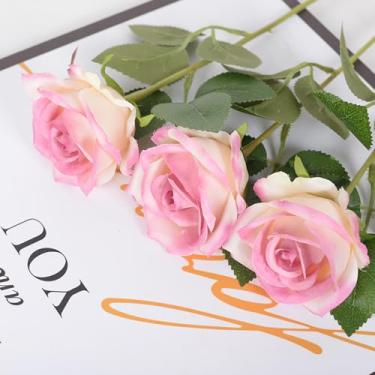 Imagem de Tumhorn Rosas falsas vermelhas claras, flores artificiais, 10 peças, rosas falsas de seda de toque real com hastes longas para decoração de mesa central de casa, casamento, hotel, escritório