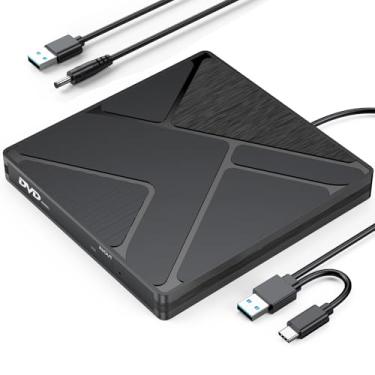 Imagem de FEMORO Unidade externa de CD/DVD para laptop, [atualizado com cabo de alimentação] USB 3.0/USBC gravador de CD DVD Player, leitor de disco ROM para Mac, MacBook, PC, laptop, mini PC, Windows 10/8/7