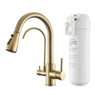 Imagem de GIMILI Torneira de cozinha dourada 3 em 1 com sistema de filtro de água embaixo da pia, reduz chumbo, cloro, mau gosto e odor, torneira de pia de cozinha com torneira de água potável