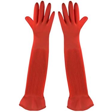 Imagem de SunGrow Luvas de borracha longas de 56 cm para banho de cães e gatos, cuidados e mudanças de água de aquário - Mantenha as mãos e os braços secos com luvas domésticas confortáveis, impermeáveis e