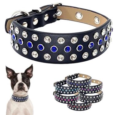 Imagem de Coleira de cachorro com strass de diamante de designer - Couro de microfibra luxuoso brilhante e fofo cravejado comprimento ajustável para todas as raças tamanho P M G (pequeno 25,4 a 35,5 cm, azul