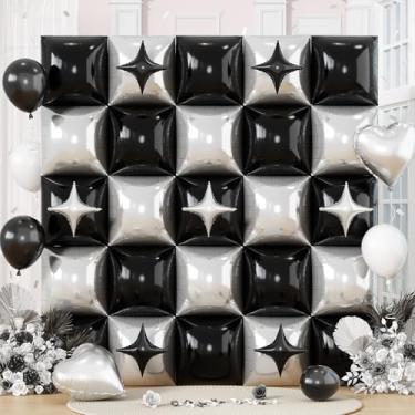 Imagem de 32PCS Black and Silver Square Foil Balloons Wall, Double Sided Metallic Silver Black Checkered Square Balloon Backdrop Flat Tunnel with Star Balloon Background for Disco Birthdays Graduation New Year