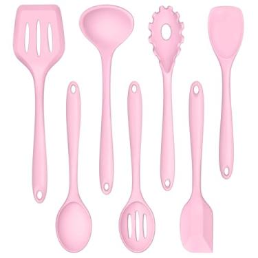 Imagem de TeamFar Conjunto de 7 utensílios de cozinha de silicone, antiaderentes, espátula, espátula, concha, servidor de macarrão para panelas antiaderentes, saudáveis e de uma peça, anticalor e lavável na