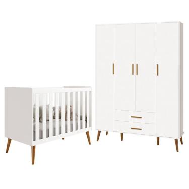 Imagem de Jogo de Quarto Infantil Isis Guarda Roupa 4 Portas e Berço - Reller Móveis Branco