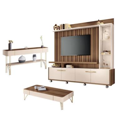 Imagem de Estante Home Theater Titan E Aparador Vivant E Mesa De Centro Cadenza Castanho Off White - Hb Móveis