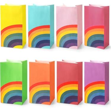 Imagem de LOVESTOWN 36 peças de sacos de presente de papel arco-íris, 8 cores arco-íris saco de presente arco-íris e lembranças de festa multiuso para meninas meninos crianças suprimentos de festa
