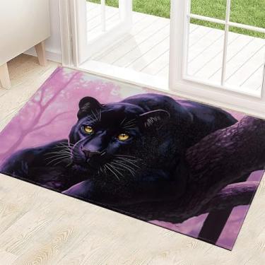 Imagem de ainori Pantera Negra Tapete de porta interna 75 x 43 cm, suporte antiderrapante, misterioso fundo de floresta roxo, tapete de entrada não tecido, decoração de tapetes de boas-vindas, para quarto e