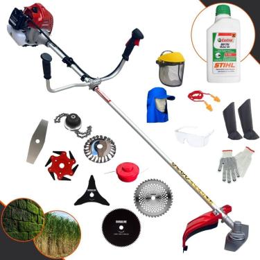 Imagem de Cortador de Grama À Gasolina Kawashima BCJ620-L 62cc 3HP Alta Rotação Roçadeira Completa Com Carretel e Kit 7 Opções de Corte + EPI + ÓLEO STIHL 2T