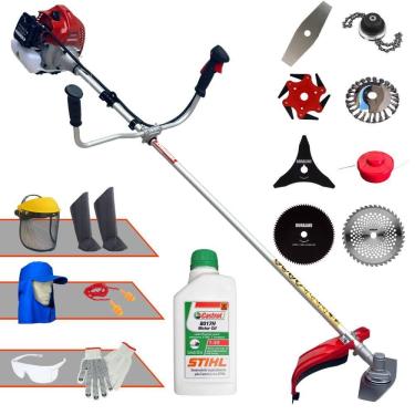 Imagem de Podador Kawashima BCJ620L 62cc Com Carretel + Facas 2 Pontas, 3 Pontas, 6 Pontas, 40 Dentes, 80 Dentes, Trimmer e Escova de Aço + EPI + ÓLEO STIHL 2T