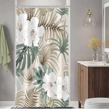 Imagem de Cortina de chuveiro tropical para banheiro, palmeira verde, flor, planta, boho, bananeira, monstera, bege, sálvia, bege, conjunto de cortinas de chuveiro, acessórios de banheiro de tecido com ganchos