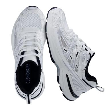 Imagem de CUSHIONAIRE Sonic Tênis feminino confortável para caminhada casual – Tênis de tecido e couro vegano com cadarço + espuma viscoelástica, Branco/preto, 38