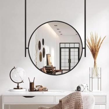 Imagem de Espelho Do Banheiro, Espelho De Boom Com Moldura De Metal, Espelho Roud Wall Mouted Vaity Com Hastes Flutuantes Espelho Suspeded Decorativo Para Hotel Apartmet, Ceilig Hagig, Diameter-50CM/19.7INCH
