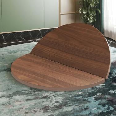 Imagem de Mesa de jantar moderna redonda dobrável de 139 cm, acabamento de mármore e grãos de madeira, pernas de metal preto, assentos de 4 a 10 pessoas (toca-discos cor nogueira)