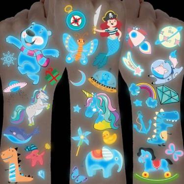 Imagem de 20 folhas de tatuagens temporárias luminosas azuis de desenho animado para crianças, meninos, meninas, dinossauro 3D, unicórnio que brilha no escuro, tatuagens noturnas de borboleta, espaço do oceano