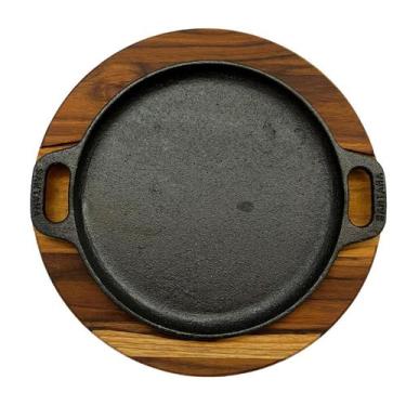Imagem de Tábua de Madeira 20 cm Redonda Com Chapa De Ferro Fundido Churrasco Po