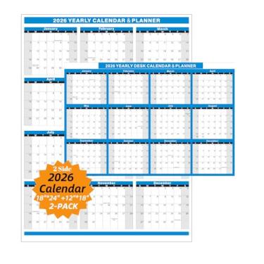 Imagem de Pacote com 2 calendários 2026 – Calendário de parede de 45 x 61 cm e calendário de mesa de 30 x 45 cm, 12 traças – 2 lados vertical e horizontal reversível (1 cartolina e 1 papel laminado) (azul)