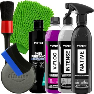 Imagem de Kit Vonixx Embelezamento Automotivo Estética Limpeza Cera Native Shampoo V-Floc Intense Pretinho Pincel Luva Aplicador