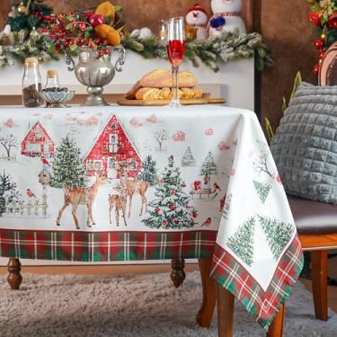 Imagem de Artbloss Toalha de mesa rústica, impermeável, outono, inverno, Hanukkah, Dia de Ação de Graças, toalha de mesa rústica, para festa de férias em casa, mesa de jantar (xadrez de Natal, 152 x 264 cm)
