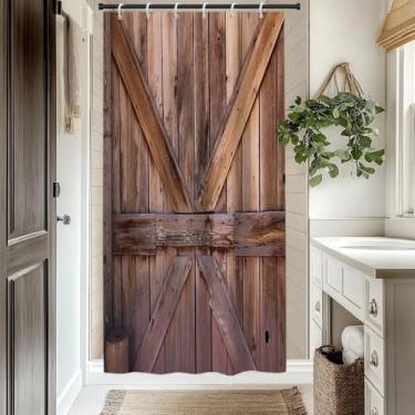 Imagem de Cortina de chuveiro rústica para porta de celeiro para banheiro vintage country marrom tábua de madeira fazenda cortina de chuveiro de madeira velha porta de garagem decoração de banheiro lavável