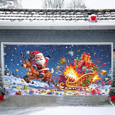 Imagem de Faixa de porta de garagem Feliz Natal 1,8 x 3,5 m, Natal, Papai Noel, boneco de neve, alce, aurora, decorações de Natal 180 x 398 cm, decoração de porta de garagem para festa