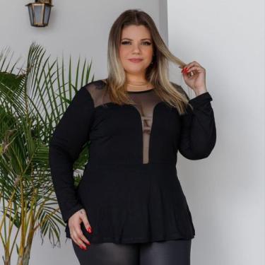 Imagem de Blusa Feminina Peplum Manga Longa Decote Em Tule Plus Size - Rosana Fa