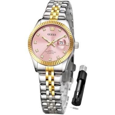 Imagem de OLEVS Relógios femininos para negócios, vestido feminino, para relógio de pulso pequeno, dourado, prateado, pulseira de aço inoxidável, analógico, quartzo, dia, data, à prova d'água, relógios