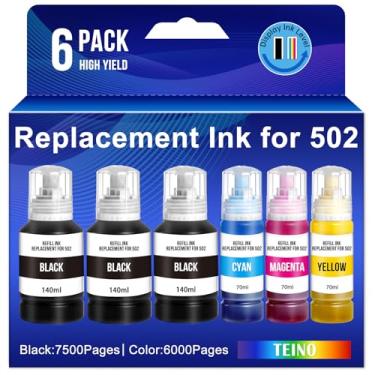 Imagem de TEINO Substituição para garrafas de refil de tinta Epson 502 para impressora Ecotank ET-3760 ET-2850 ET-3850 ET-4850 ET-4760 ET-15000 ET-2750 ET-2760 ET-3830 ET-3843 (substituição para impressora 502