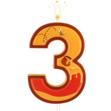 Imagem de Velas de aniversário de urso, velas com números de aniversário com tema amarelo, velas temáticas de feliz aniversário, vela de bolo de aniversário para lembrancinha de festa de aniversário (número 3)