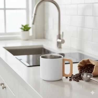 Imagem de Copo Térmico 400ml Dupla Parede Alça Bambu Branca Estilosa Badula Mix