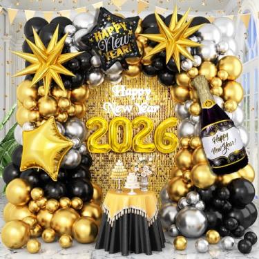 Imagem de Doneboo Decorações de festa de feliz ano novo 2026, 147 peças, kit de arco de guirlanda de balão preto e dourado, balão grande de alumínio 2026 e balões de estrela balões de ano novo suprimentos para
