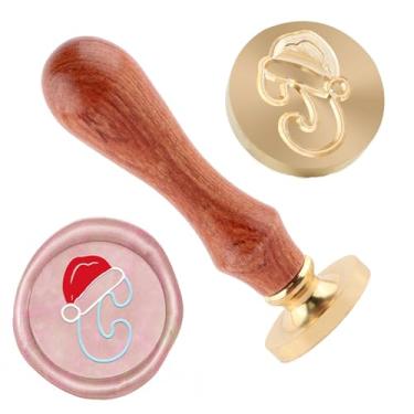 Imagem de Carimbo de lacre de cera de Natal Carimbo de selagem Letra C de latão e cabo de madeira Carimbos Cabeça para Cartões de Natal Convites de Festa Envelope Cartões de Saudações Presentes