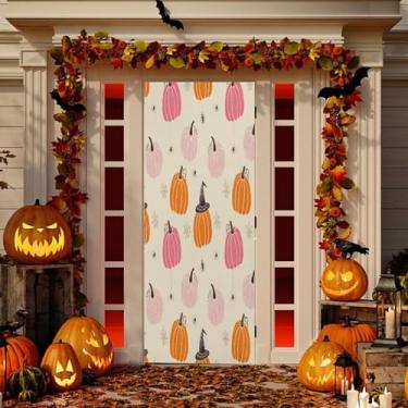 Imagem de Wassud Decoração de cobertura de porta de abóboras de Dia das Bruxas faixa interna externa decoração de casa de varanda grande decoração de porta da frente 96 x 98 polegadas