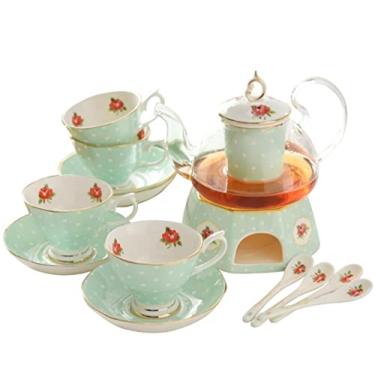 Imagem de Conjuntos de chá de cerâmica, conjunto de chávenas de café, conjunto de chá com aquecedor de vela, bule de chá de vidro florescendo com folhas soltas para 4 pessoas, conjunto de xícaras de café