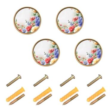 Imagem de Burbuja Puxadores de armário de cozinha de flores coloridas, pacote com 4, puxadores redondos de 3,5 cm, puxadores de cômoda com parafusos para cozinha, quarto, armários, armário