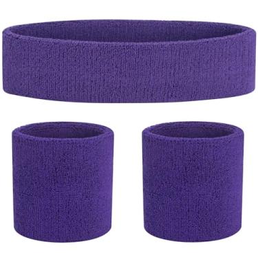 Imagem de FACATH Conjunto de faixas de transpiração esportivas, faixa de suor de algodão para homens e mulheres atléticos, faixas esportivas para malhar, correr, basquete, tênis, ioga (roxo)