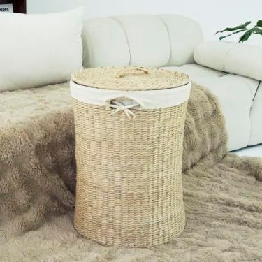 Imagem de Furnnylane Cesto de lavanderia tecido à mão com tampa, cesto de roupa suja de 53 cm com forro removível para lavanderia e armazenamento elegante, natural, SN220008