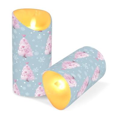 Imagem de ATTX Pacote com 2 velas de árvore de Natal rosa sem chamas – 7,6 cm x 9,9 cm de LED com controle remoto e temporizador para casa, casamento, decoração de acampamento #395