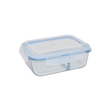 Imagem de Pote Retangular Hermético com Divisória, Vidro Borossilicato, 1520ml, Transparente com Tampa Azul, 22x17x8cm, Livre de BPA