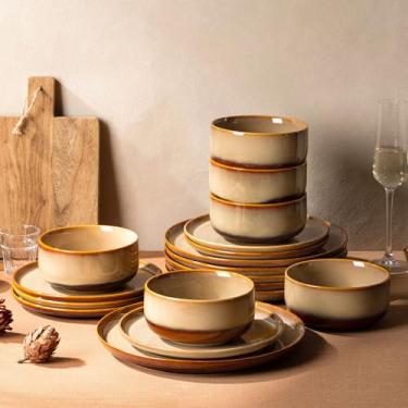 Imagem de TheTerra Conjunto de louça de cerâmica para 6, 18 peças de pratos e tigelas de esmalte reativo feito à mão, conjunto de pratos resistentes a arranhões, seguro para forno, micro-ondas e lava-louças