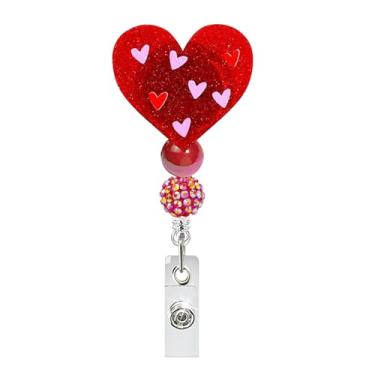 Imagem de Carretel retrátil para crachá de dia dos namorados – Porta-crachá de coração vermelho com glitter e contas vermelhas, carretéis retráteis de acrílico romântico rosa pequenos corações para