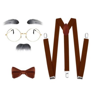 Imagem de Haakong Conjunto de fantasia de velho acessórios para avô, óculos dourados, suspensórios, gravata borboleta, bigode, sobrancelhas, roupa de velho dos anos 20, Marrom, cinza, dourado, Standard
