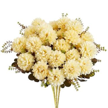 Imagem de XIANNVXI Crisântemo de bola artificial branca cremosa, 2 peças, 18 cabeças, crisântemos, buquê de flores falsas brancas, flores falsas, com arranjos de hastes para decoração de casa, ambientes