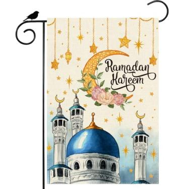 Imagem de ZAEW Aquarela Castelo Lanterna Luas Estrelas Flores Ramadã Kareem Bandeira de Jardim 30,5 x 45,7 cm Dupla Face Pequena Mini Bandeira de Quintal Exterior Decoração de Festa de Feriado