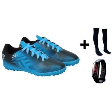 Imagem de Chuteira Society Costurado Adulto UZ+ Meião + Relógio - UZZE, Azul, 43