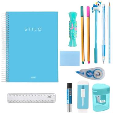 Imagem de Kit Material Escolar Feminino Completo Tons Pastel, Volta Às Aulas Premium, Para Ensino Fundamental e Médio (Azul)