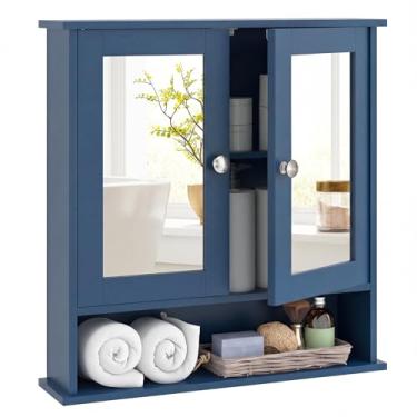 Imagem de Tangkula Armário de remédios para banheiro com espelho, organizador de parede de madeira com portas e prateleiras, armário de espelho de parede de banheiro (portas espelhadas, azul)
