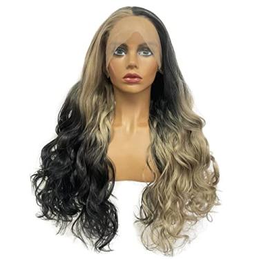 Imagem de Peruca Peakia Longa Ondulada Loira Preta Ombré Natural Amarrada à Mão Sintética Frente Peruca